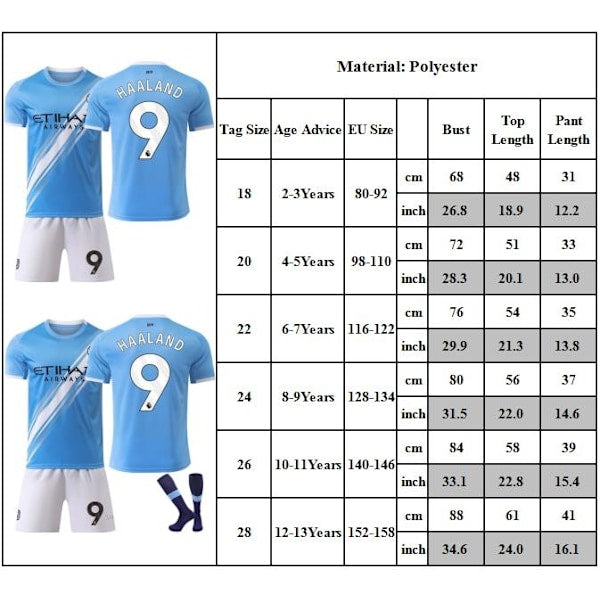 Manchester City 2025/26 barnfotbollskit – #9 Haaland med strumpor Manchester City 2025/26 barnfotbollskit – #9 Haaland med strumpor
